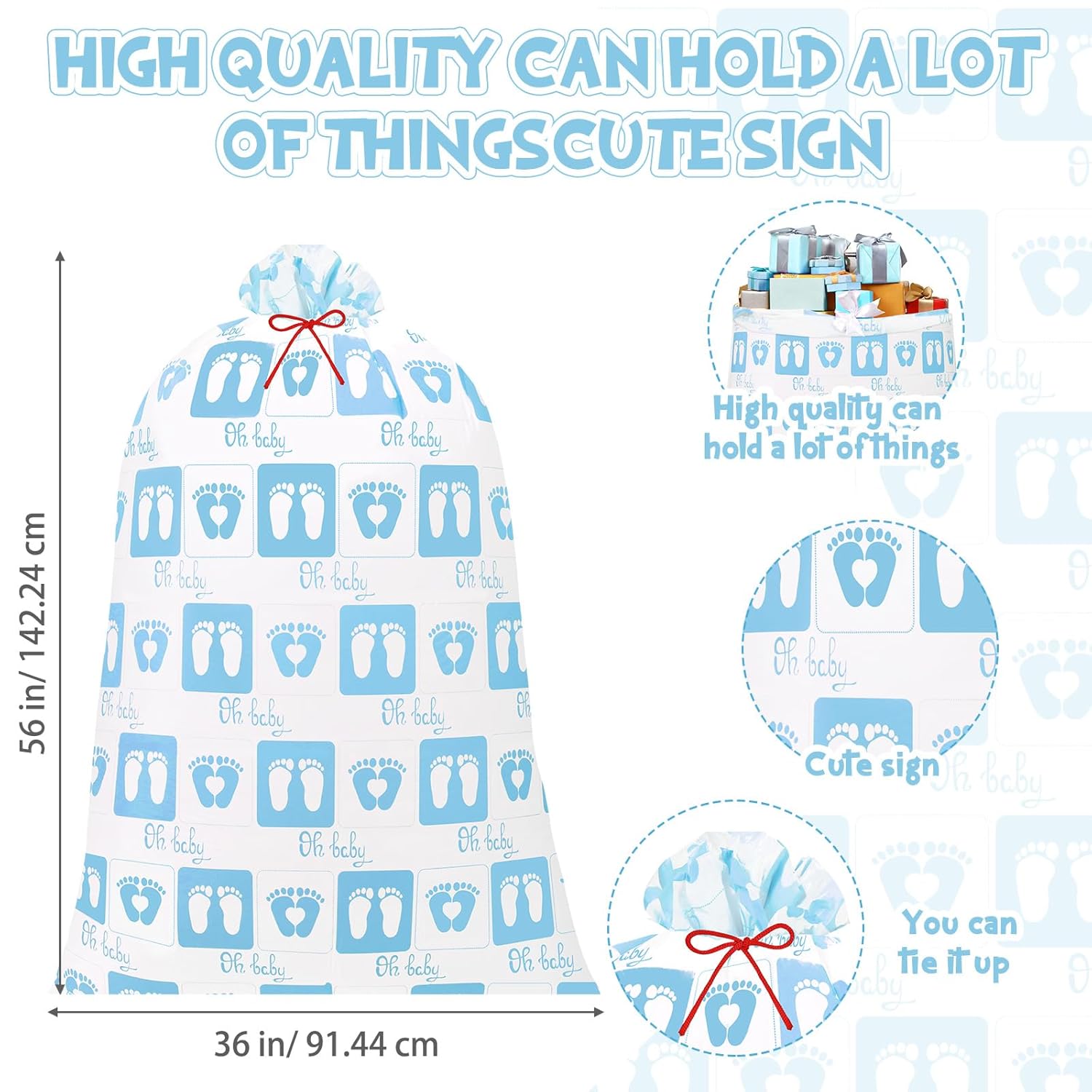3 Pcs Extra Large Baby Shower Bags Gift Jumbo Large Gift Bag Storage Oversized Plastic Gender Reveal Storage Wrap For Birthday Holiday Party Favors, 56" X 36"(Blue Footprint)