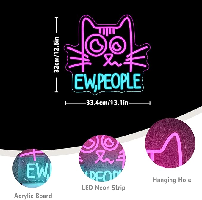 “Ew, People” Cat Neon Sign LED Wall Light Anti Social Introvert Decor for Bedroom Library Shop Mall