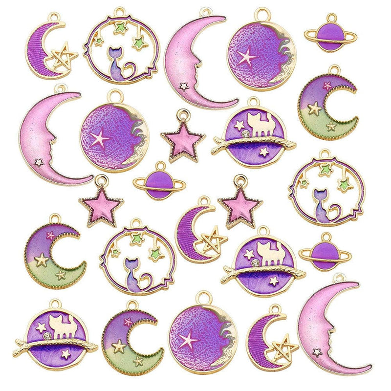 24 Pcs Assorted Gold Plated Enamel Cat Moon Star Celestial Charm Pendant Diy F