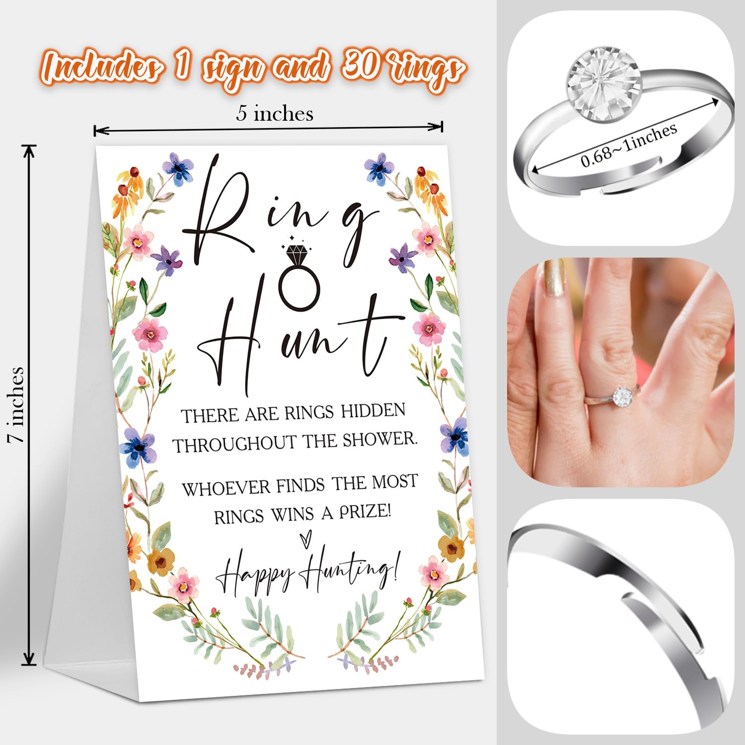 The Ring Hunt Game, Boho Floral Bridal Shower Games With Rings-One Sign And 30 Rings, Bridal Shower And Wedding Shower Games For Guests, Engagement Party Game, Bridal Shower Decorations-Ls7