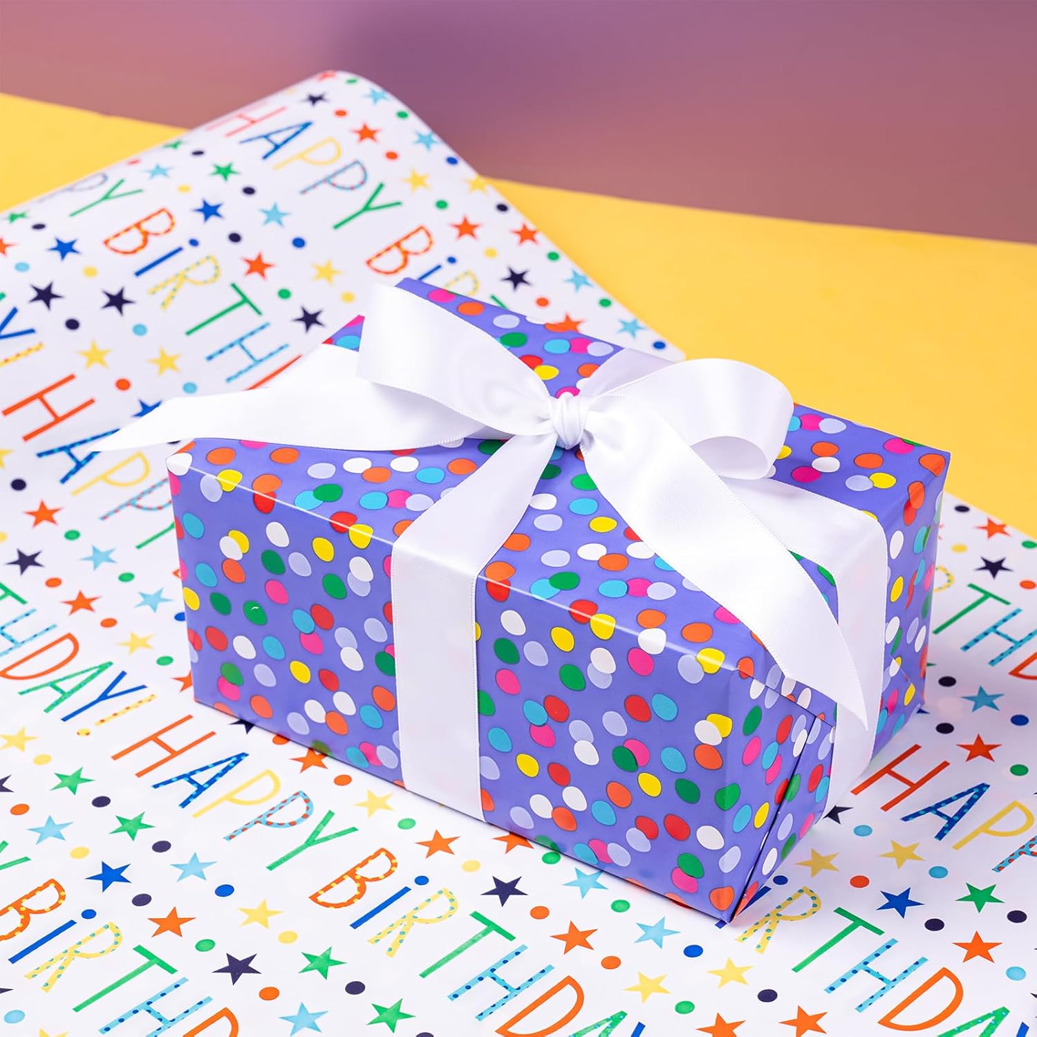 Birthday Wrapping Paper Roll, Happy Birthday Lettering, Stars, & Colorful Dots In Purple, 17 Inches X 32.8 Feet (46.45 Sq.Ft.)