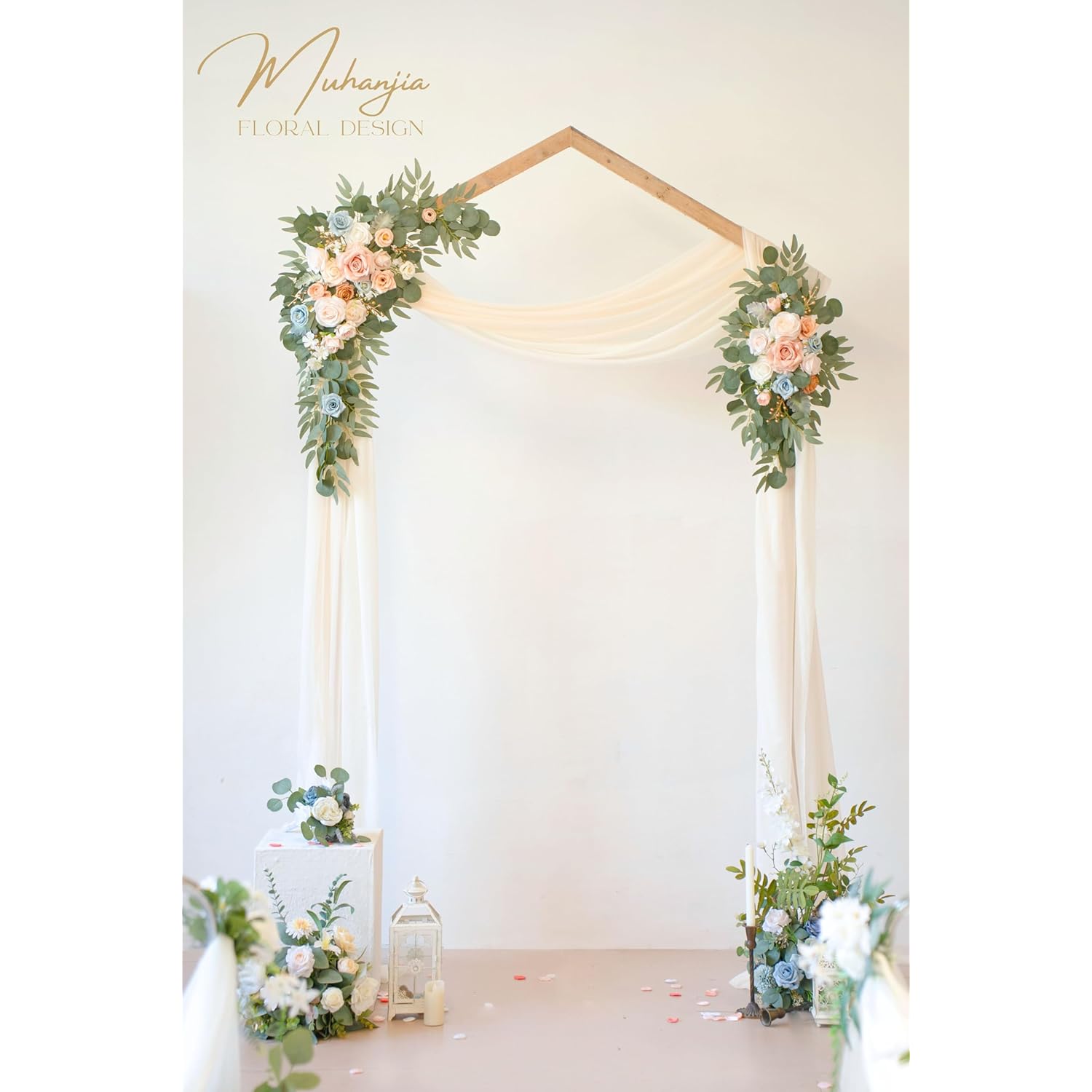 Artificial Wedding Arch Flowers Kit(Pack Of 4),2Pcs Artificial Flower Arch Decor, 2Pcs Chiffon Fabric Drapes, Ceremony Decoration, Floral Outdoor Party Decor (Champagne & Blue)