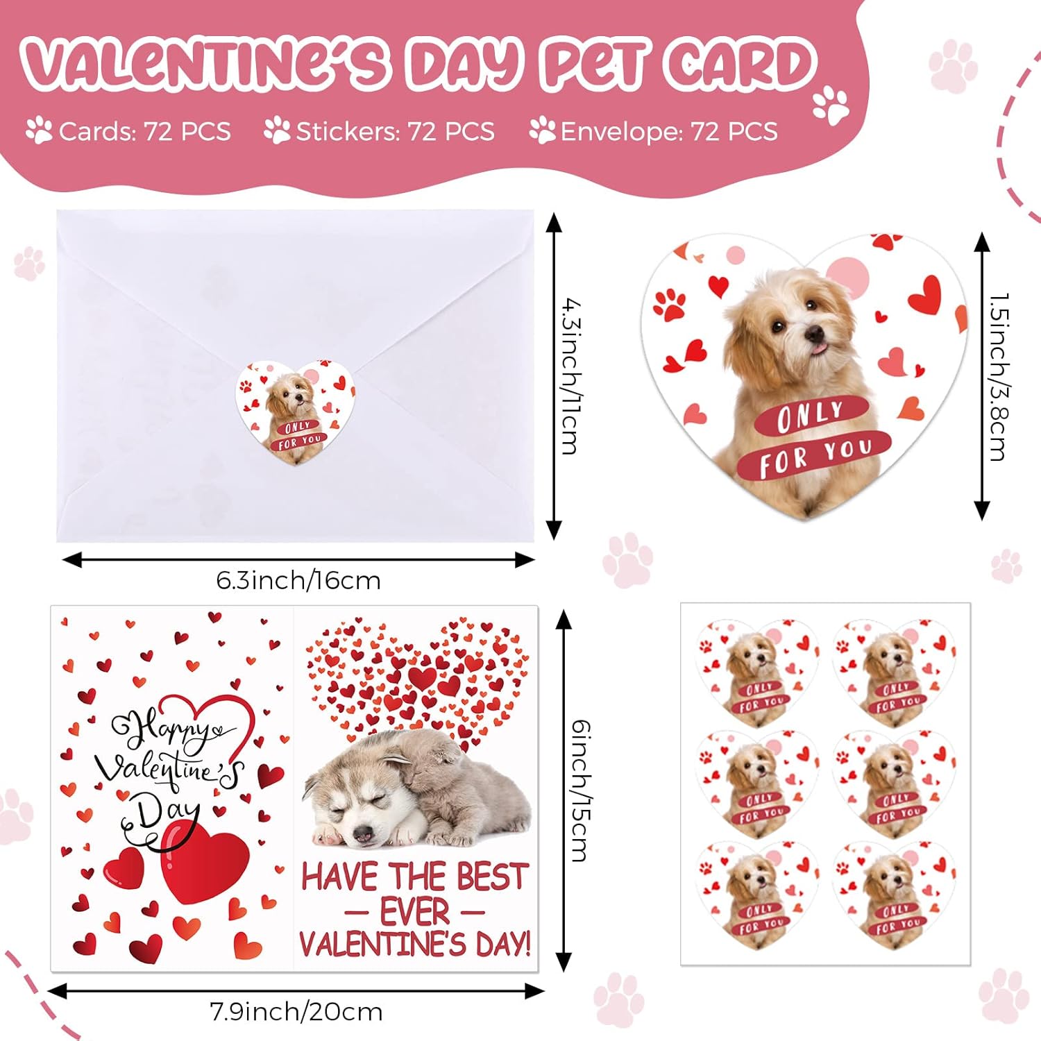 72 Sets Valentines Cards For Kids, Puppy Kitten Cards And Stickers Assortment Hearts Valentines Card With Envelopes For Kids Adults Teacher Classroom School Party Greeting Gifts