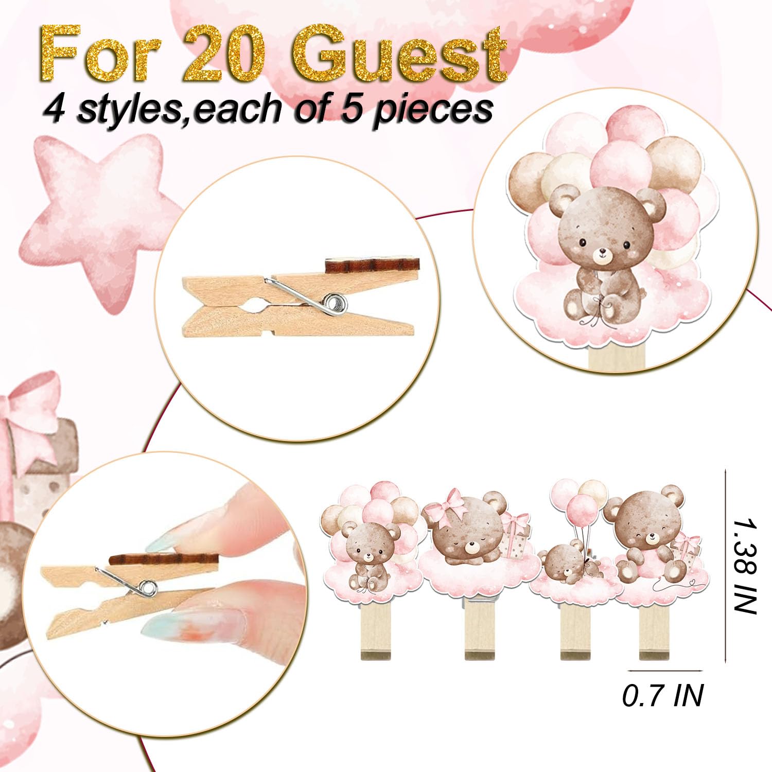 61 Pcs Baby Shower Game Set, Included Predictions Advice, Mommy Or Daddy, Gender Reveal Supplies, 1 Don'T Say Baby Sign 20 Pencils 20 Clothespin, Pink Bear Baby Shower Party Decorations