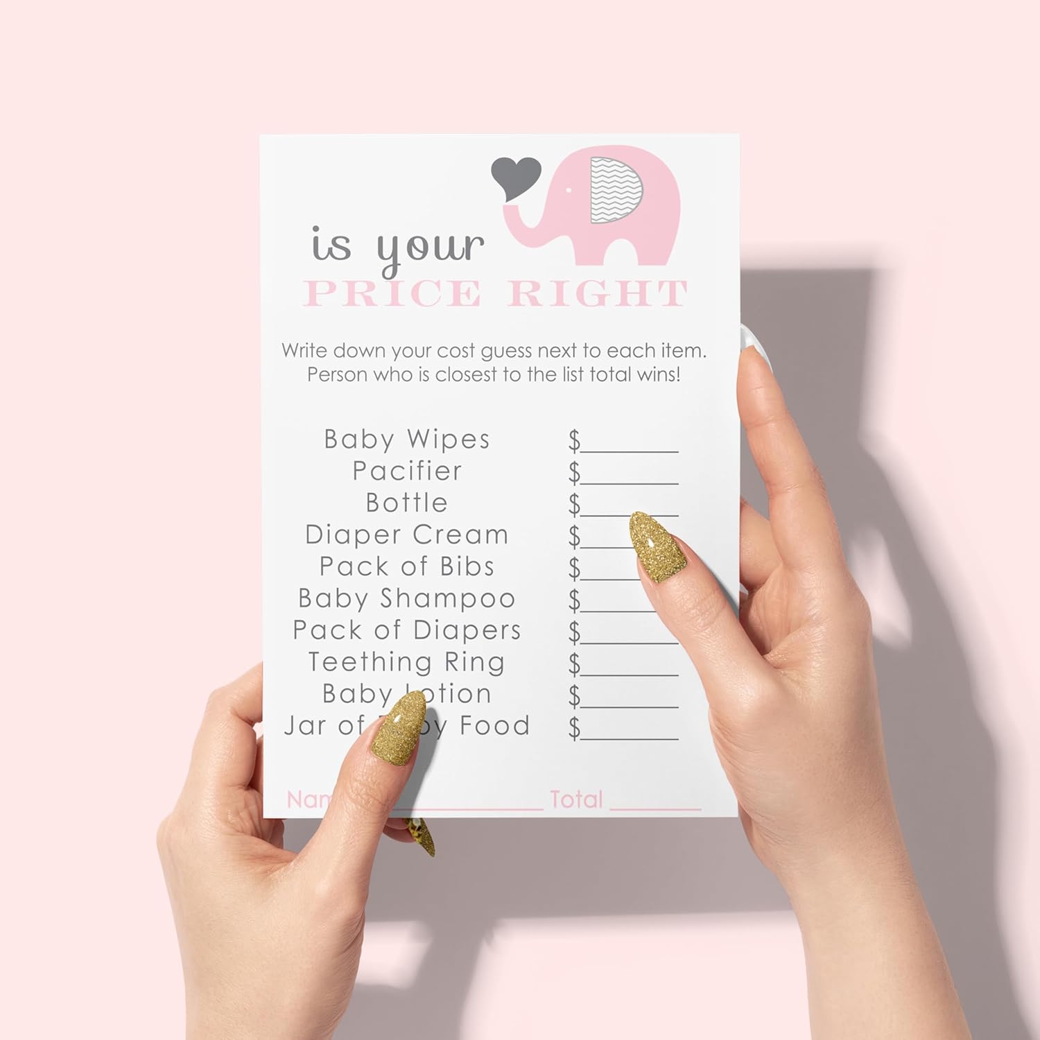 Pink Elephant Guess The Price Baby Shower Games - 25 Cards - Modern Princess Themed Baby Shower Game Ideas - Jungle Animal 4X6 Printed Set