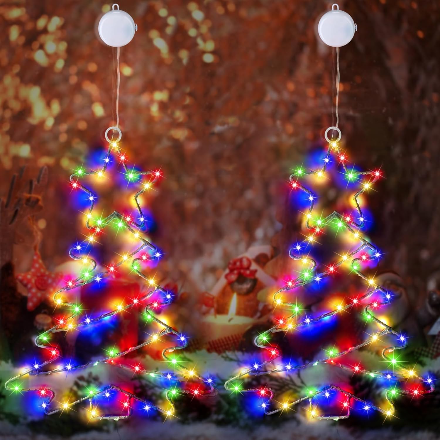 Christmas Window Lights, 2 Pack Lighted Metal Framed Xmas Tree Shaped Christmas Decorations With Suction Cups, Battery O