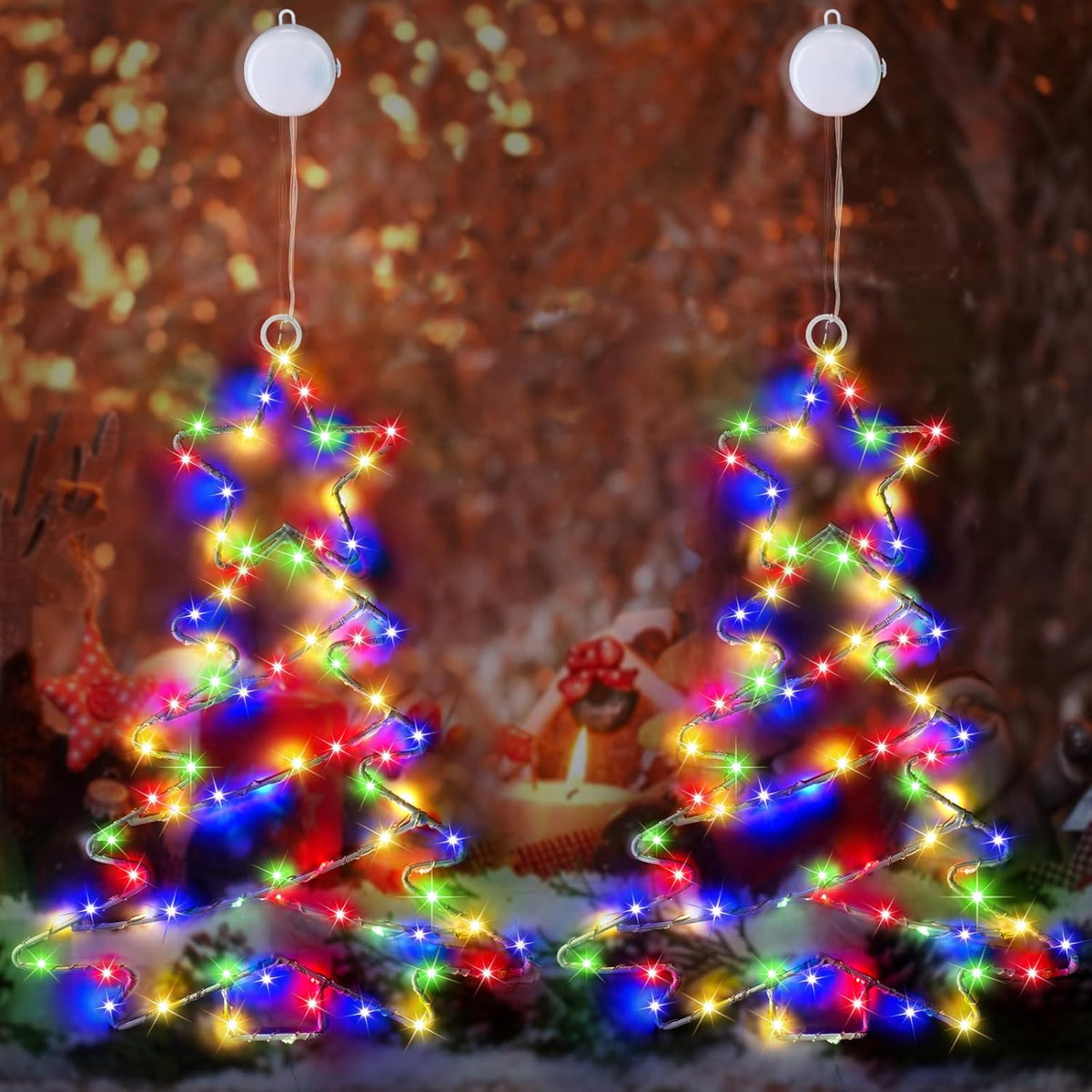 Christmas Window Lights, 2 Pack Lighted Metal Framed Xmas Tree Shaped Christmas Decorations With Suction Cups, Battery O