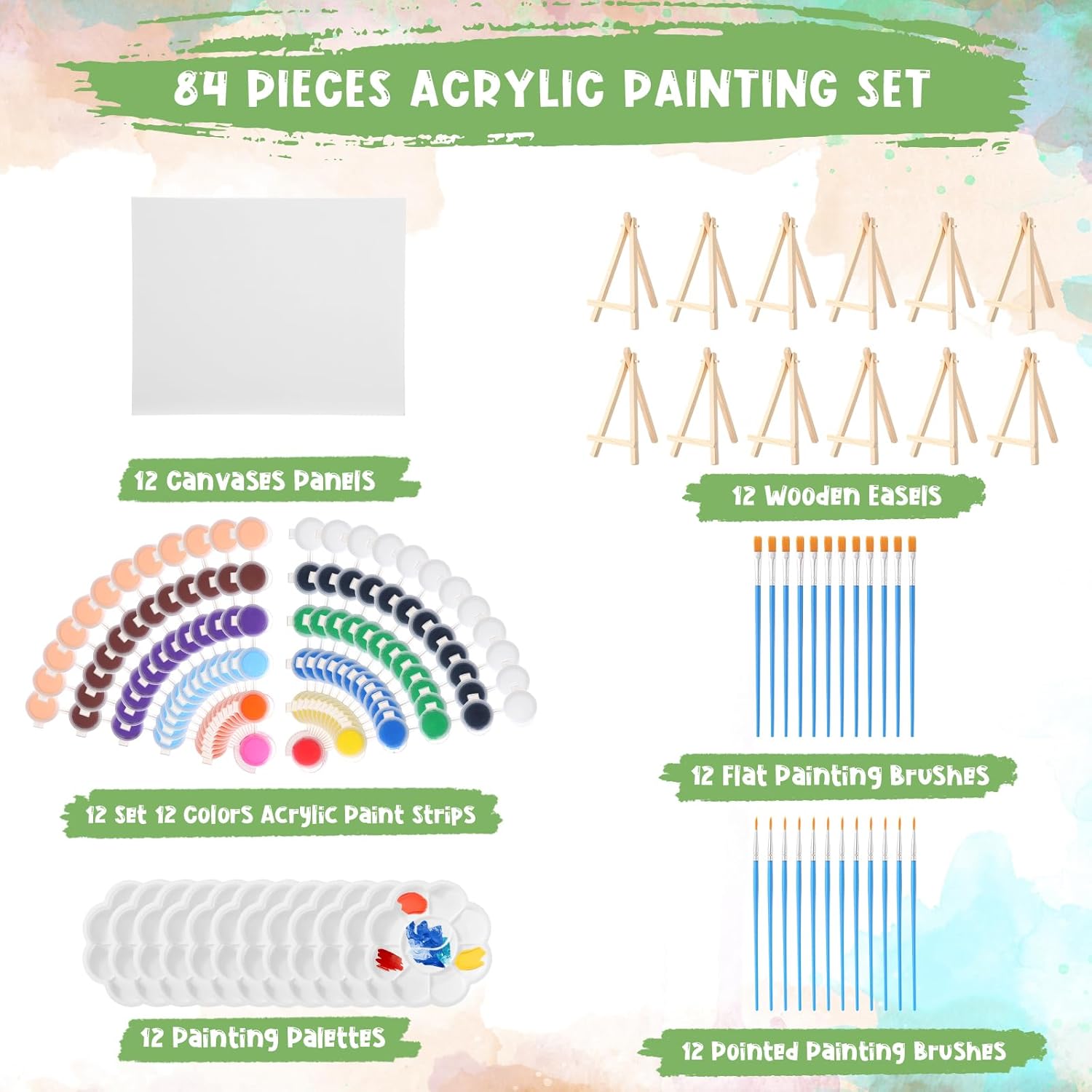 12 Set Acrylic Paint Kit Mini Stretched Canvas With Easel, Acrylic Paints Strips, Brushes, Palette, Art Set For Adults Birthday Party Favors(8 X 10 Inch)