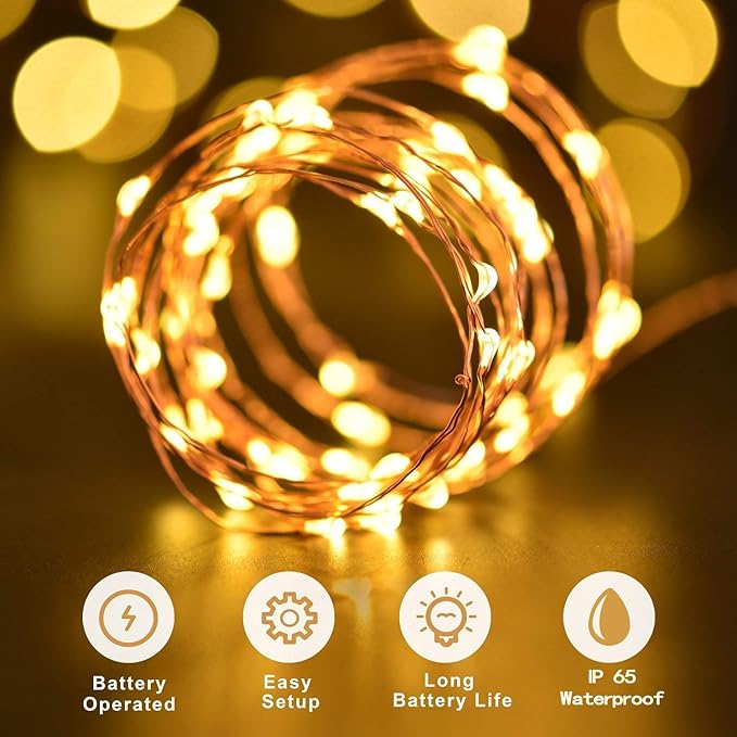 2 Pack Battery Operated Fairy Lights 33FT 100 LED Warm White Copper Wire String Lights with Remote Timer Dimmable Waterproof Twinkle Lights