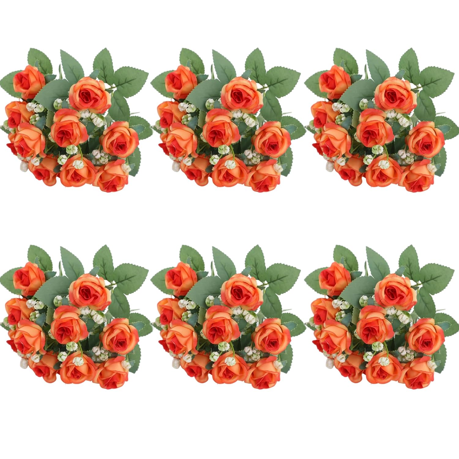 6-Pack Orange Silk Rose Bouquets, 60 Roses Artificial Flowers Heads With Faux Baby'S Breath Stems Leaves, Fake Roses For Wedding Bouquets, Centerpieces & Home Table Décor