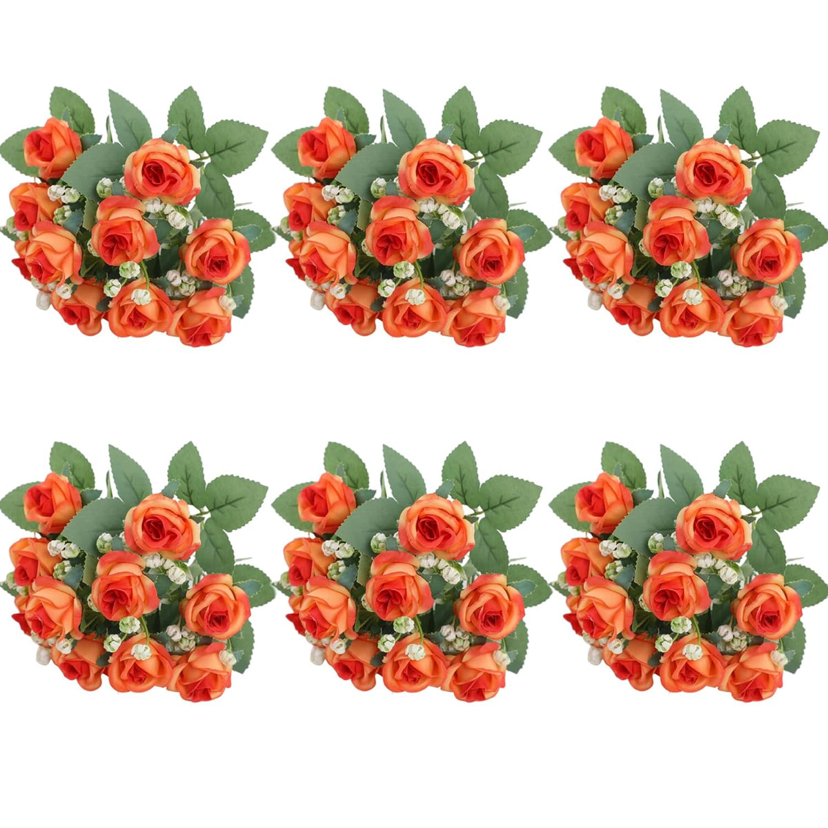 6-Pack Orange Silk Rose Bouquets, 60 Roses Artificial Flowers Heads With Faux Baby'S Breath Stems Leaves, Fake Roses For Wedding Bouquets, Centerpieces & Home Table Décor