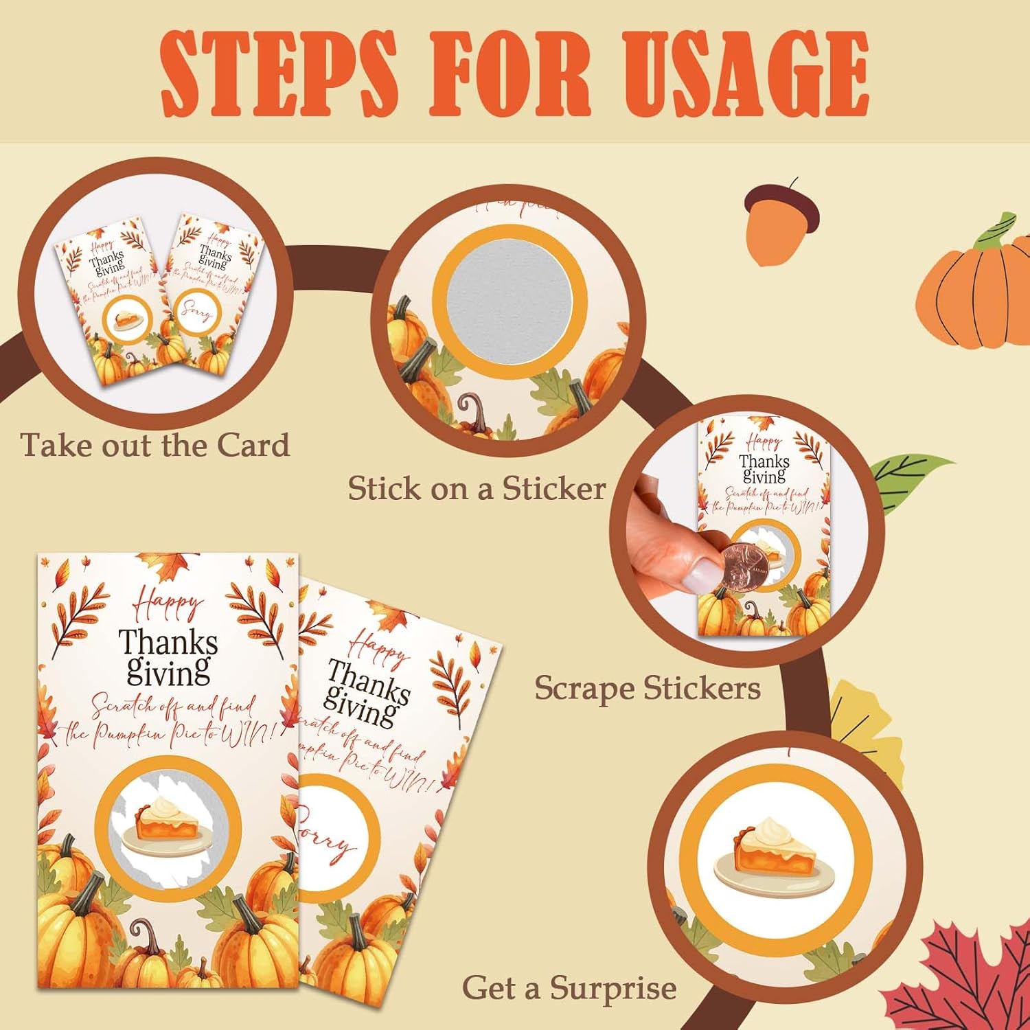 50 Pack Thanksgiving Scratch Off Game Cards Pumpkin Design Fall Party Game, Fun Autumn Dinner Activity And Raffle Prize Cards For Family And Classroom – A03