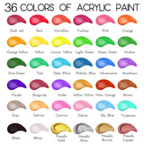 55Pcs Acrylic Paint Set Of 36 Colors 2Fl Oz 60Ml Bottles 12 Brushes,Non Toxic 36 Colors Acrylic Paint No Fading Rich Pigment For Kids Adults Artists Canvas Crafts Wood Painting