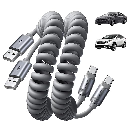 2 Pack 4FT Coiled USB A to USB C Fast Charging Cable for CarPlay Android Auto iPhone Samsung