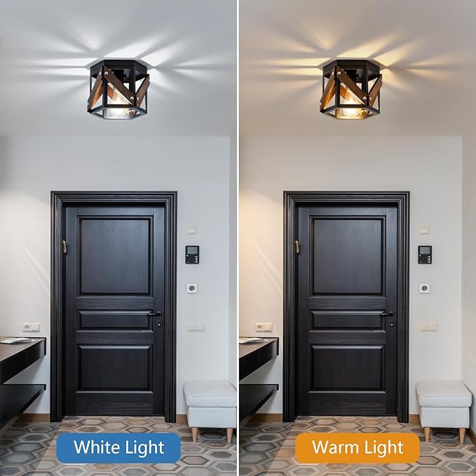 2 Pack Farmhouse Flush Mount Ceiling Lights Rustic Wood and Black Metal Cage Fixtures