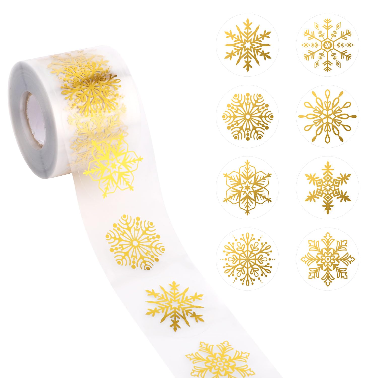 500Pcs Snowflake Stickers, Foil Stamping Process Christmas Snowflake Stickers Roll 1.5In Gold Snow Flake Window Clings Round Winter Snowflake Decals For Xmas Winter Decoration Envelope Seal