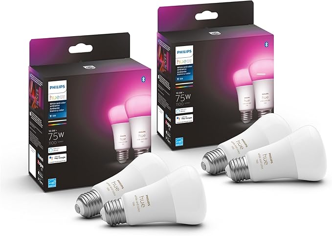 A19 Smart LED Bulb 4 Pack 75W Equivalent White & Color Ambiance E26 Hue App Alexa Google Apple HomeKit