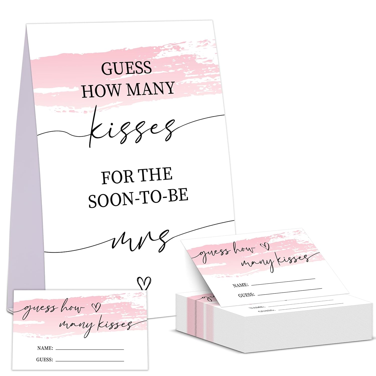 Pink Swash Bridal Shower Game, Guess How Many Kisses For The Soon To Be Mrs, Pack Of 1 Sign And 50 Guessing Cards, Modern Bridal Shower Decorations, Wedding Shower Supplies - 05
