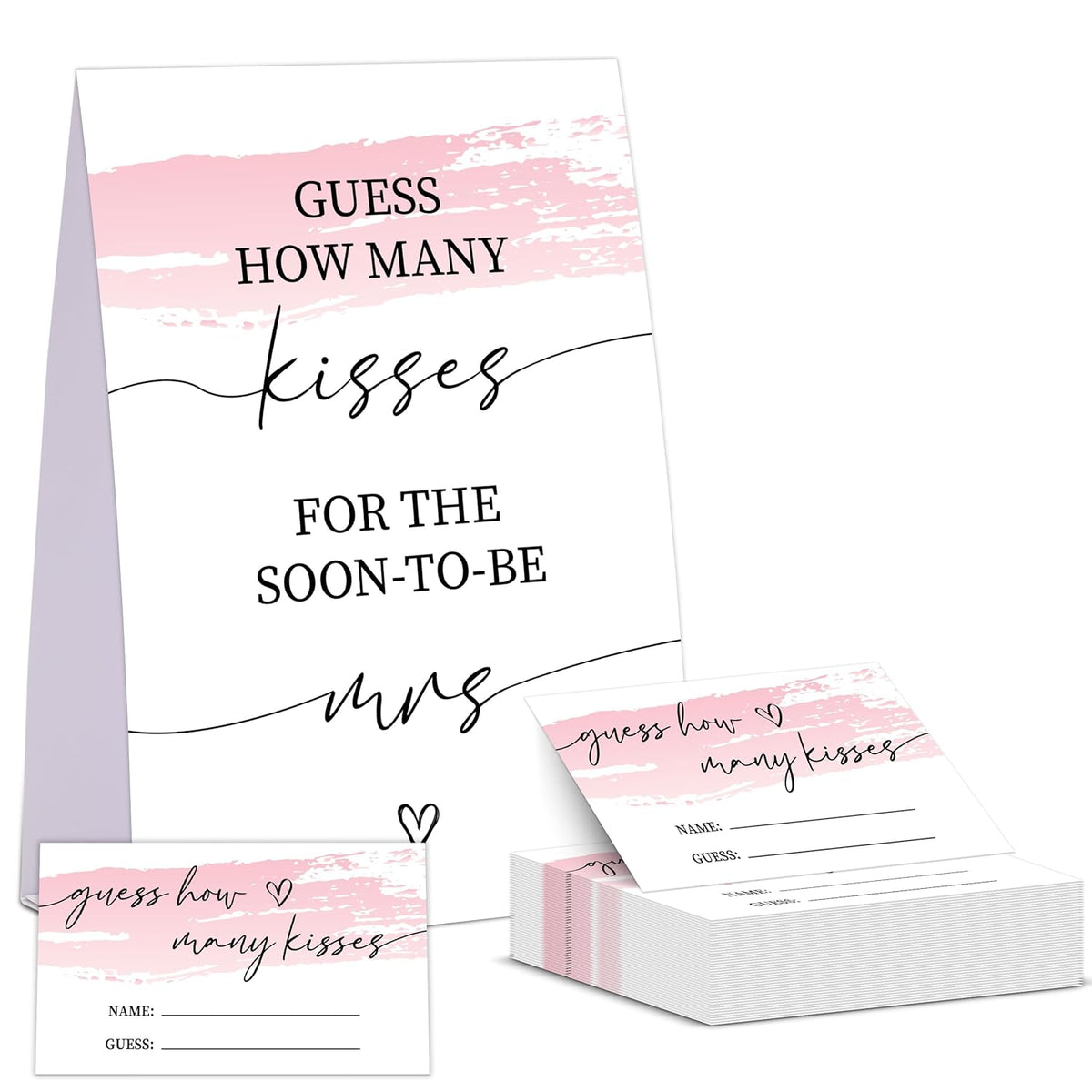 Pink Swash Bridal Shower Game, Guess How Many Kisses For The Soon To Be Mrs, Pack Of 1 Sign And 50 Guessing Cards, Modern Bridal Shower Decorations, Wedding Shower Supplies - 05