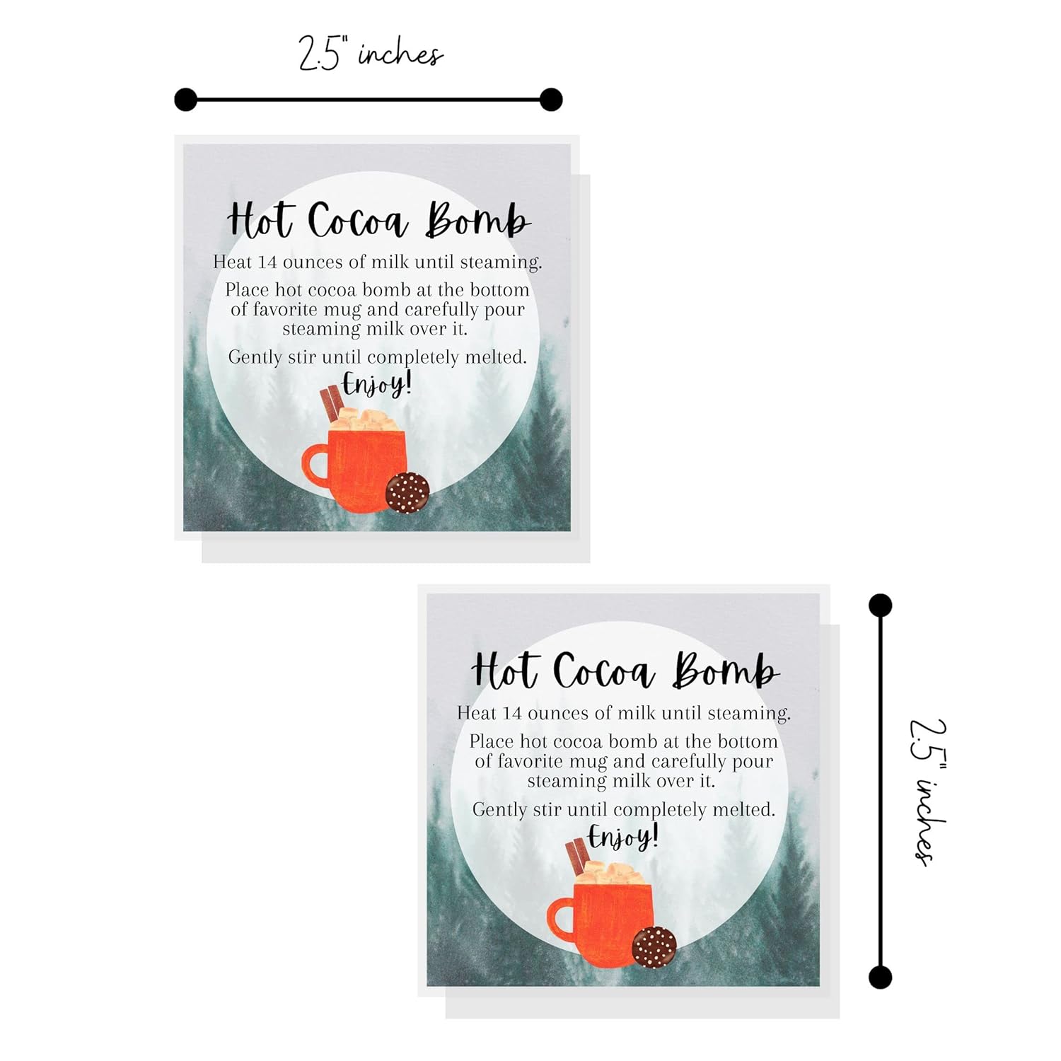 Hot Cocoa Chocolate Bomb Instruction Tags Cards | 50 Pack | 2.5" Inch Square Labels | Hot Cocoa Bomb Supplies | Christmas Holiday Winter Snow