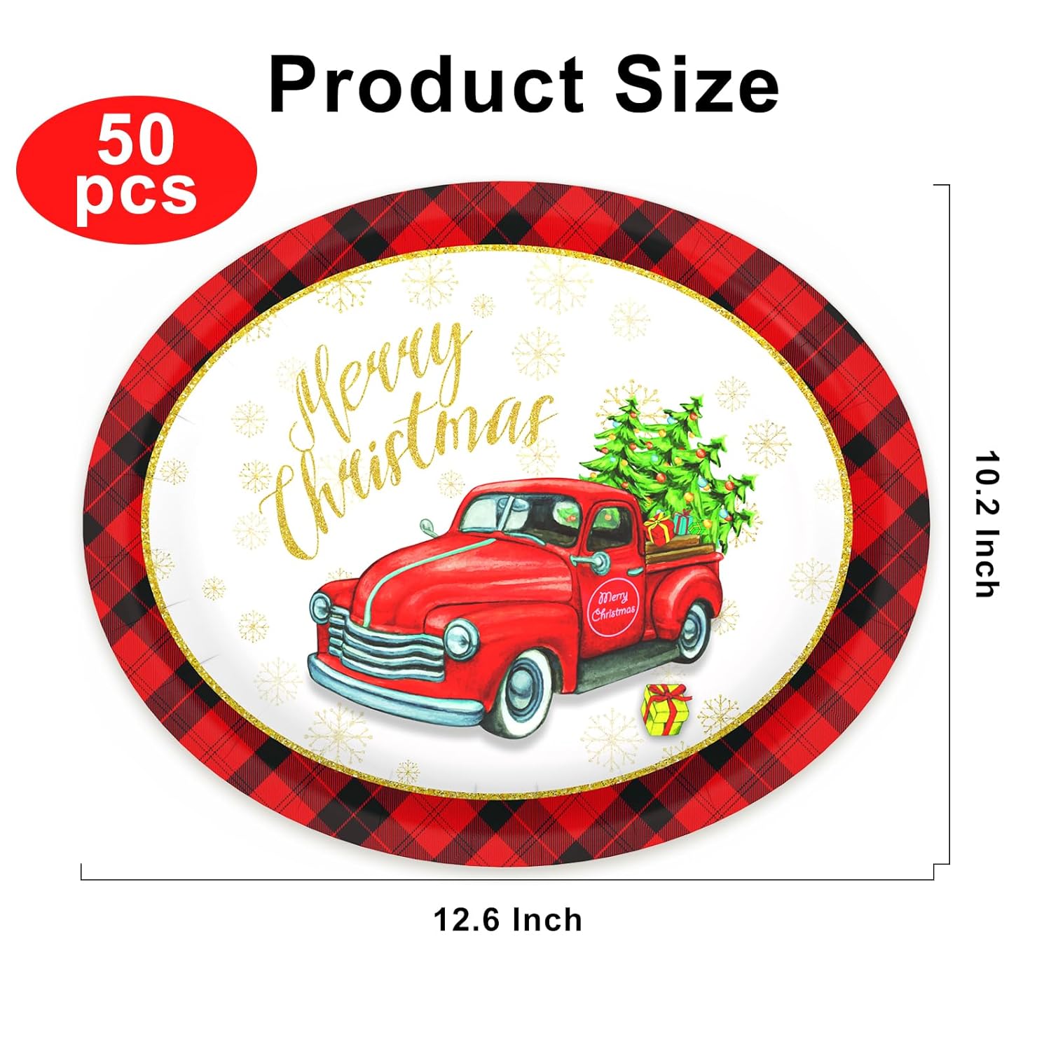 50-Count Christmas Disposable Paper Plates: Large Oval Heavy-Duty Dinnerware Set For Party Supplies And Holiday Dinner Table Decorations, 10.2 X 12.6 Inch (Christmas-Car)