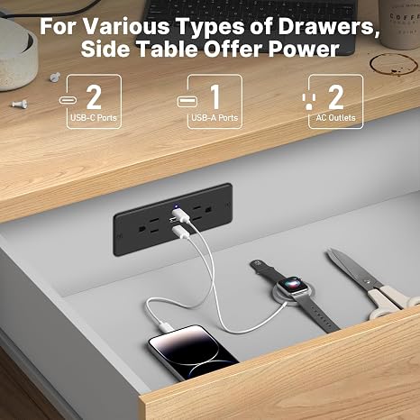 Flush Mount Furniture Power Strip USB C Ports Small Desk Outlet 6FT Black