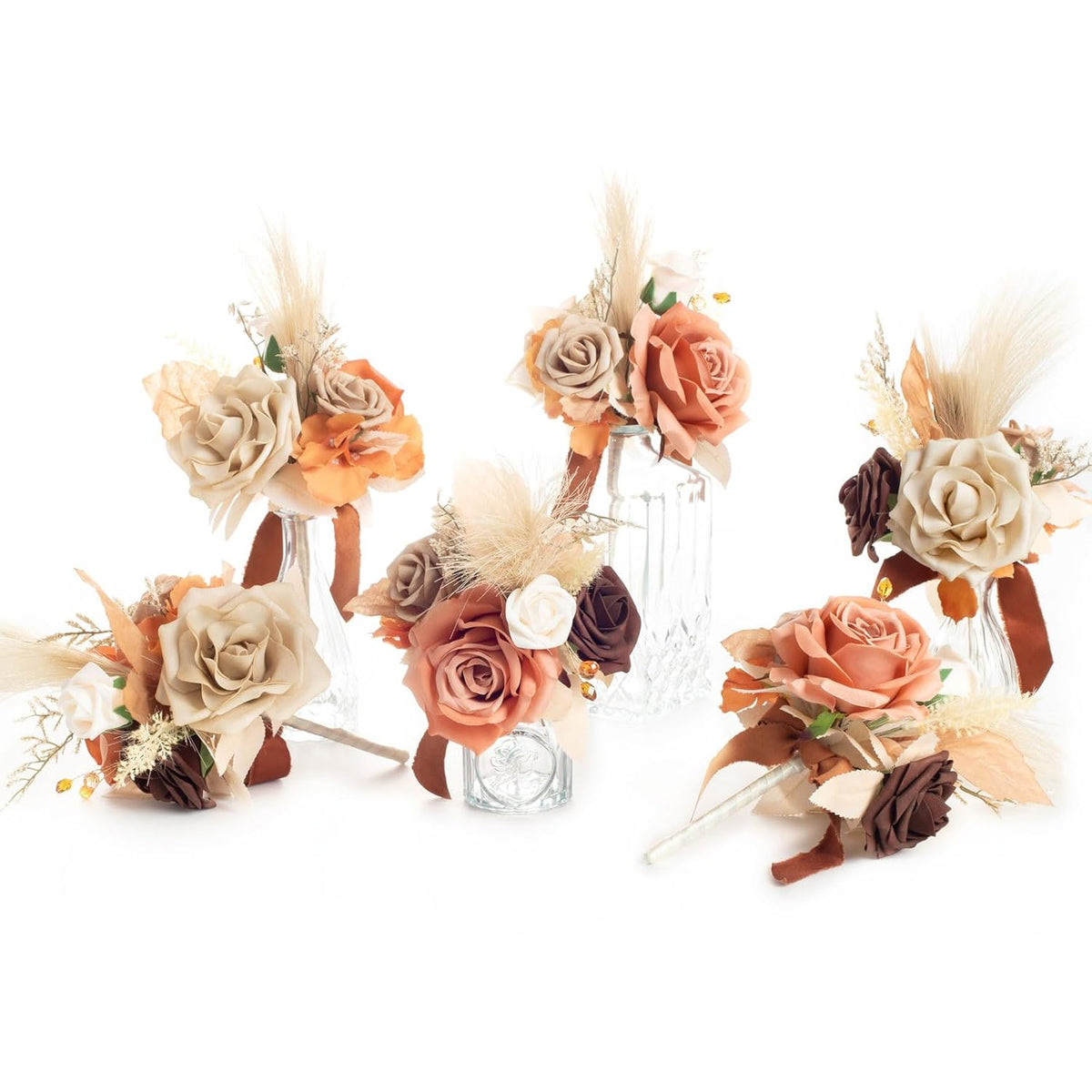 Artificial Flowers Centerpieces Mini Bridesmaid Bouquets Set Of 6 Pre-Made Lilac Small Floral Wedding Centerpieces (Brown & Rust)…