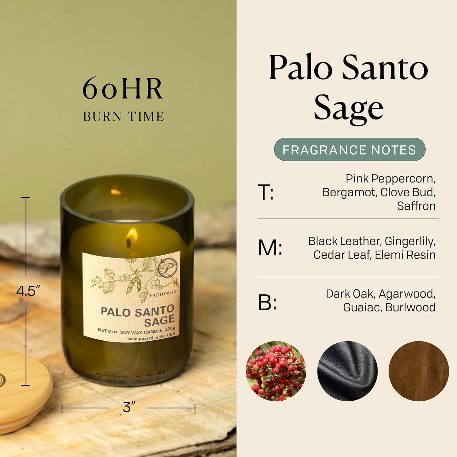 Paddywax Eco Green Collection Soy Wax Blend Candle in Glass Jar, Palo Santo Sage Scent, Green Vessel with Wood Lid, 8 oz