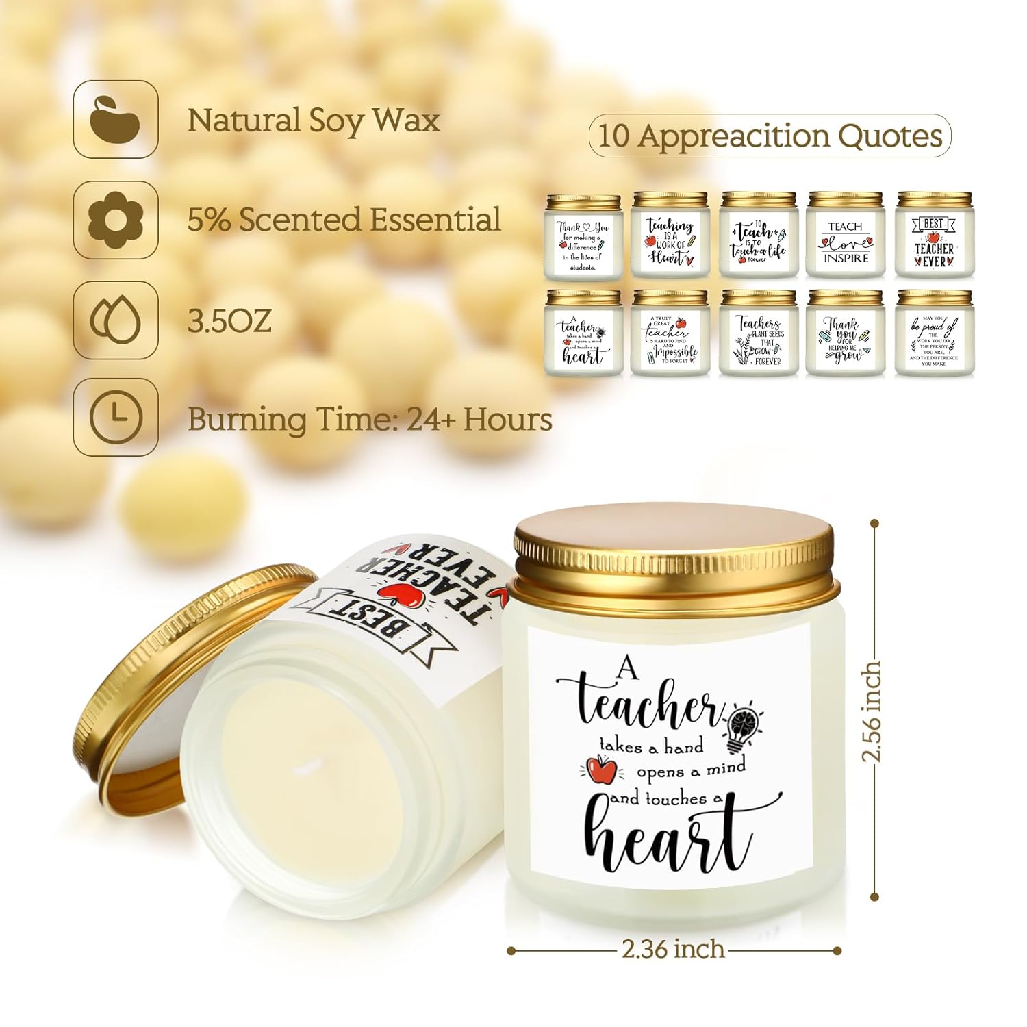 10 Pcs Valentines Teacher Appreciation Gift Candles Bulk 3.5 Oz Teacher Team Coworker Candles Inspirational Scented Jar Office Thank You Gift Women Men Retirement, 10 Scents(Simple,Fresh)
