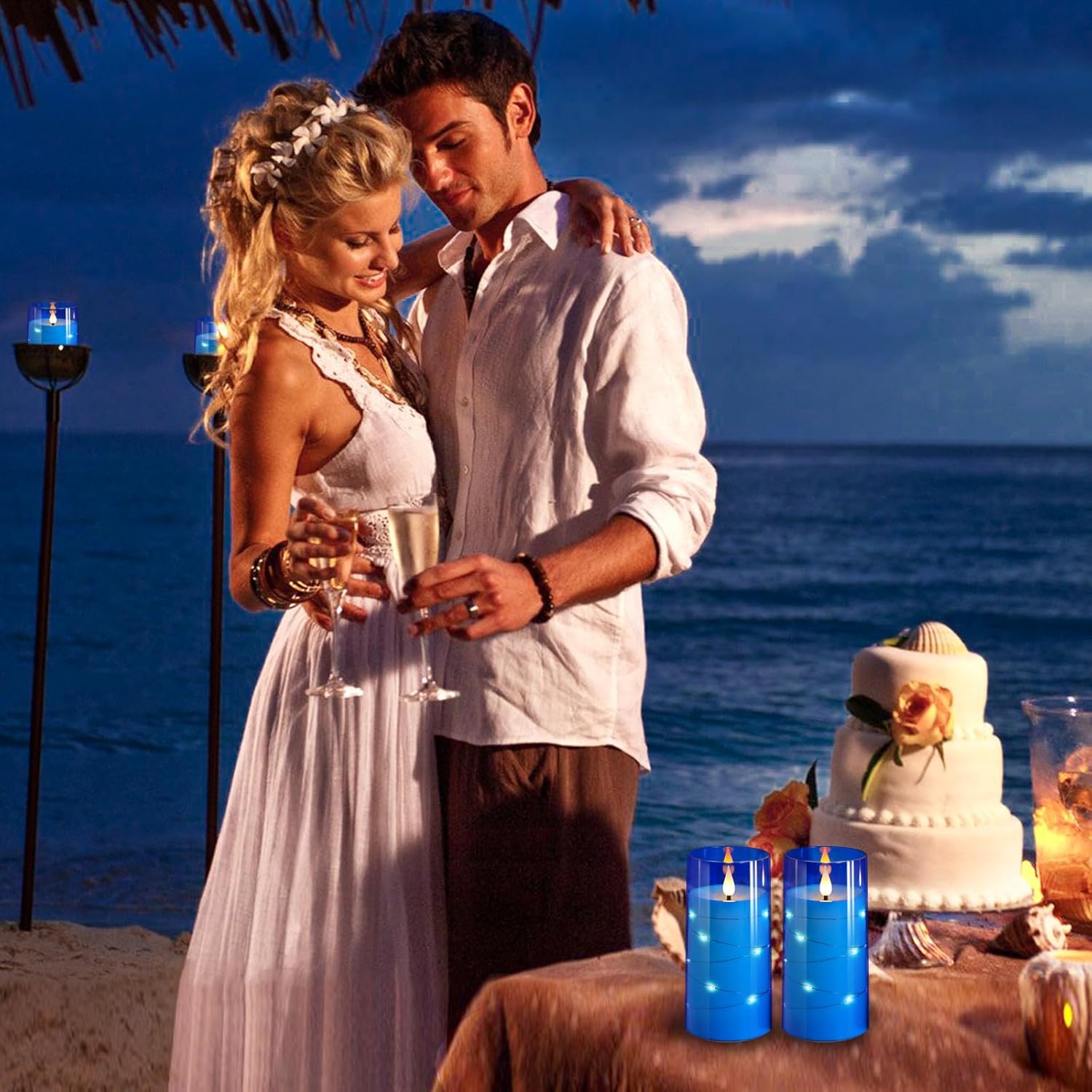3"X6"Flickering Flameless Candles: Built-In Star String 3D Wick Battery Operated Led Candles With Remote And Timer For Wedding Valentine'S Day Decor, Blue 2 Pack