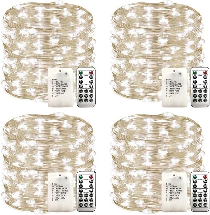 4 Pack 33FT 100 LED Cool White Fairy String Lights Battery Operated with Remote Control Timer Waterproof Silver Copper Wire Twinkle Lights for Christmas Party Wedding Home Decor