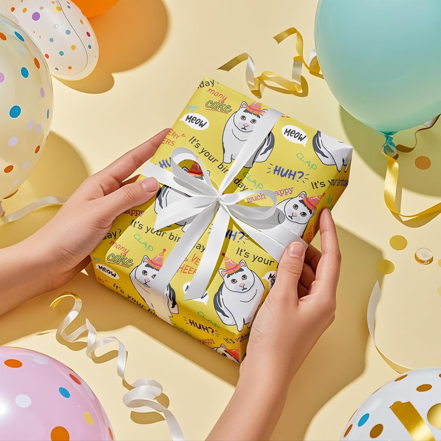 Funny Birthday Wrapping Paper - Mini Roll - Happy Birthday Cats Pattern For Party Gift Wrap And Special Occasions - 17 Inches X 16.4 Feet