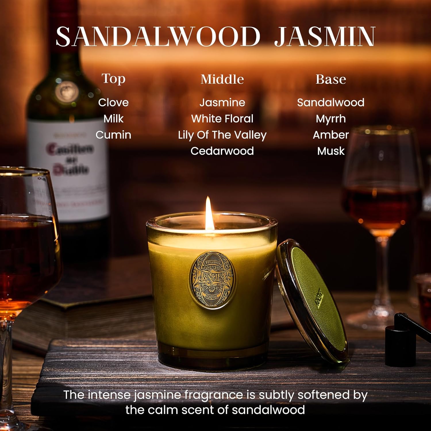 Natural Strong Soy Candle | Sandalwood Jasmine & Green | 9.2 Oz, 50H Burn Time | Luxury Candle For Relaxation, Gifting, Home Décor | Ideal For Bedroom, Office, Party Ambiance