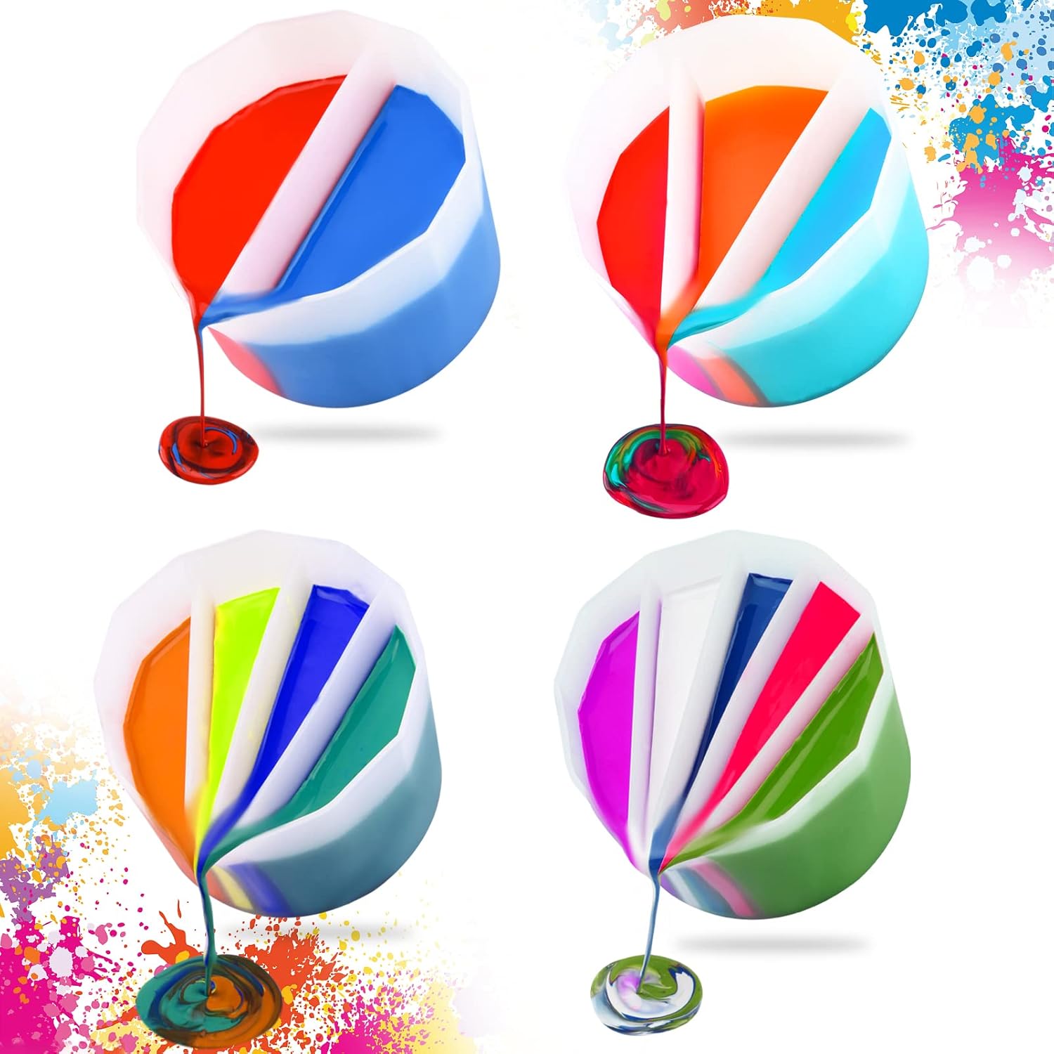 4 Pcs Split Cups For Paint Pouring, Silicone Split Cup Fluid Art Split Cup Resin Pouring Painting Tools Reusable Paint Pour Split Cup With Channels Dividers