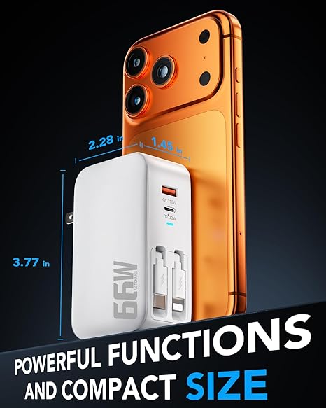 66W Retractable Wall Charger 4 in 1 USB C Lightning Fast Charging Block