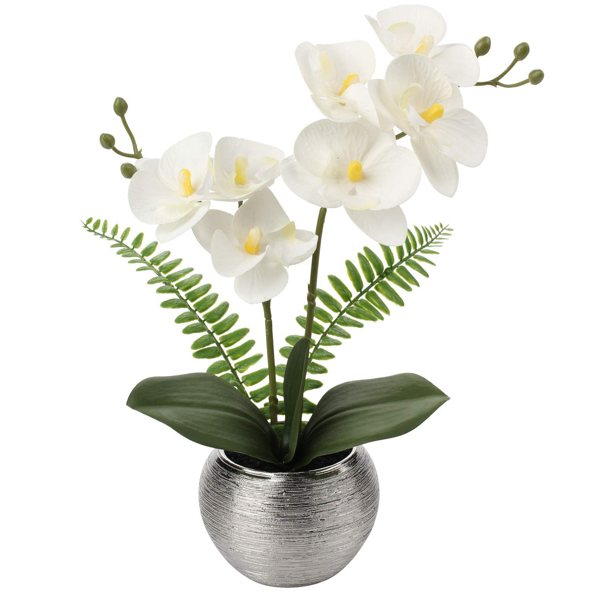 Fake Orchid Flowers 13'' White Orchids Artificial Flowers With Silver Ceramic Vase Faux Orchid For Home Office Decor Indoor