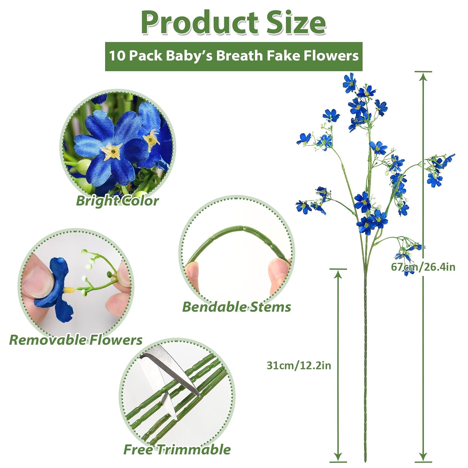 10Pcs Artificial Silk Flowers With Long Stems Faux Bulk Babys Breath Flowers Fake Silk Flowers Bouquet For Floral Arrangement Tall Vase Home Wedding Table Centerpieces Decor (Blue)