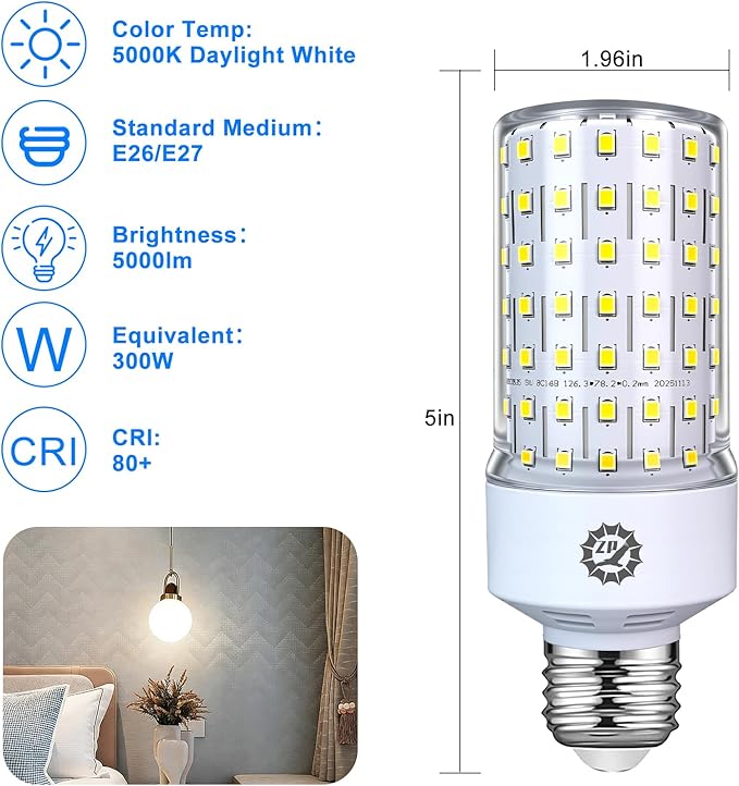 40W LED Corn Light Bulbs 2 Pack 5000K Daylight 5000 Lumens 300W Equivalent E26 E27 Base