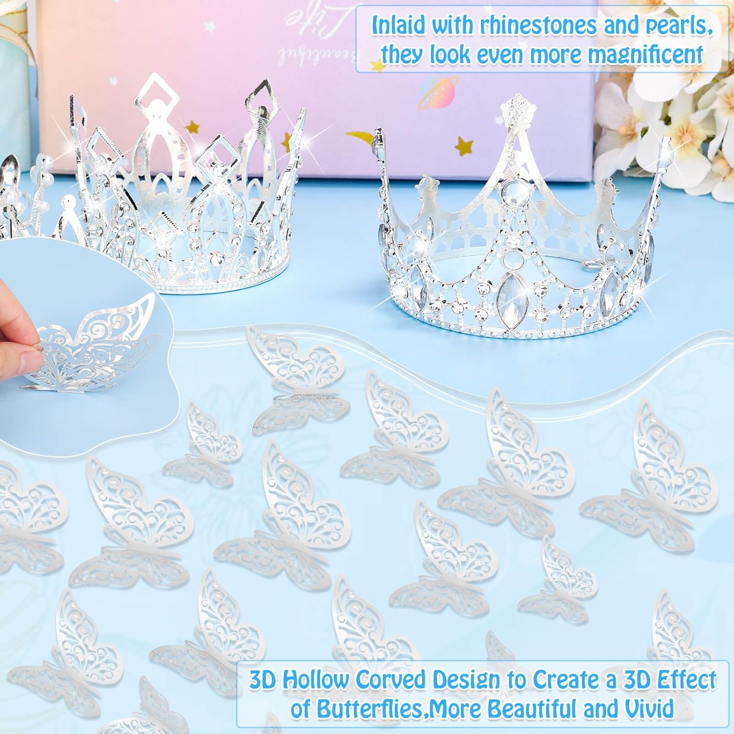 Flower Bouquet Accessories Including 4 Pcs Silver Crowns, 12 Pcs Butterfly Decorations And 50 Pcs Flower Pins For Flower Bouquets And Cake Topper Decoration