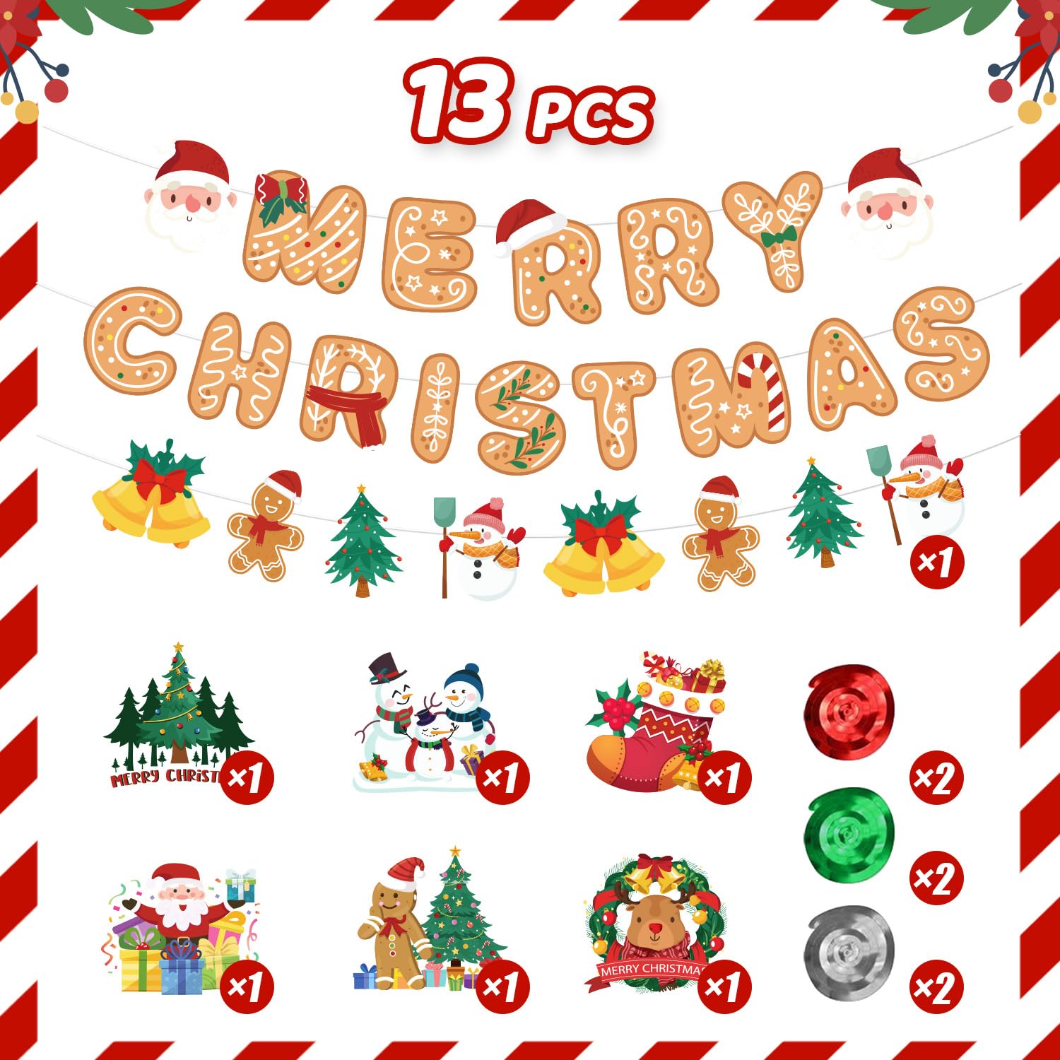 13 Pcs Christmas Banner Hanging Swirls Set, Xams Banner Santa Claus Hanging Swirl Snowman Elk Streamers For Merry Christmas Party Decorations