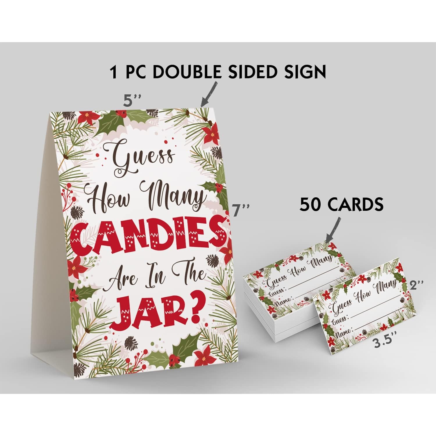Christmas Party Games - How Many Candies Are In The Jar, 1 Standing Sign + 50 Cards, Christmas Party Ideas, How Many Kisses Game, Christmas Party Games For Kids / Cm007