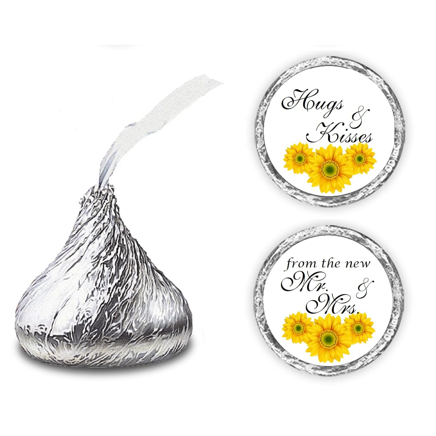 324 Sunflower Hugs And Kisses From The New Mr. & Mrs. Kisses Wedding Stickers, Floral Chocolate Drops Labels Stickers For Weddings, Bridal Shower Engagement Party, Bride And Groom Favors. Made In Usa