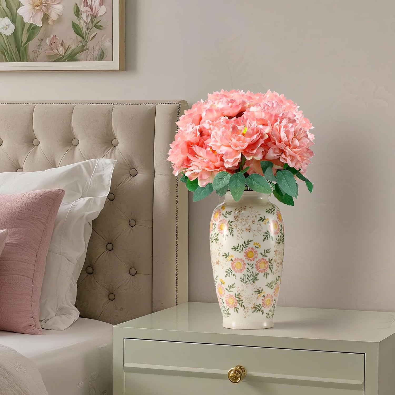 Peonies Artificial Flowers, 2 Bouquets Of 7-Heads Silk Artificial Peonies With Flexible Stems, Faux Peonies For Home & Wedding Decor, Table Centerpieces, Floral Arrangement (Coral Pink)