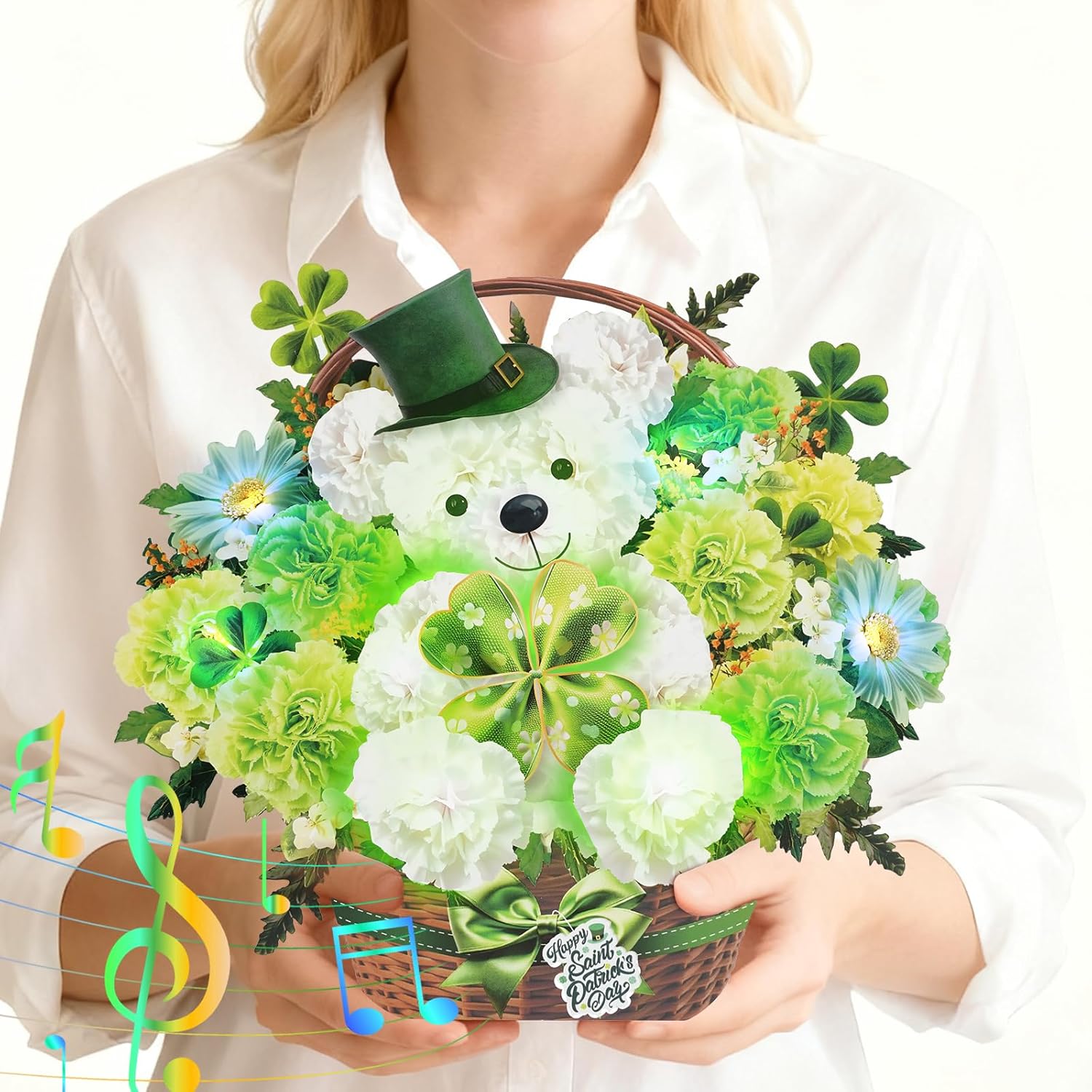 St Patricks Day Cards With Music & Lights, 3D Pop Up Bear & Shamrock, 10 Inch Life Sized Forever Bouquet St Patrick Day Decorations Gifts For Women Kids Men