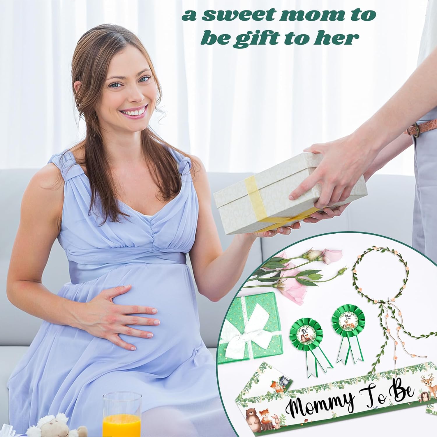 Mom To Be Sash For Baby Shower, Mommy To Be Sash With Mom And Dad To Be Pins And Floral Crown, Woodland Animal Baby Shower Decorations For Gender Reveal Party And Mom Outfit