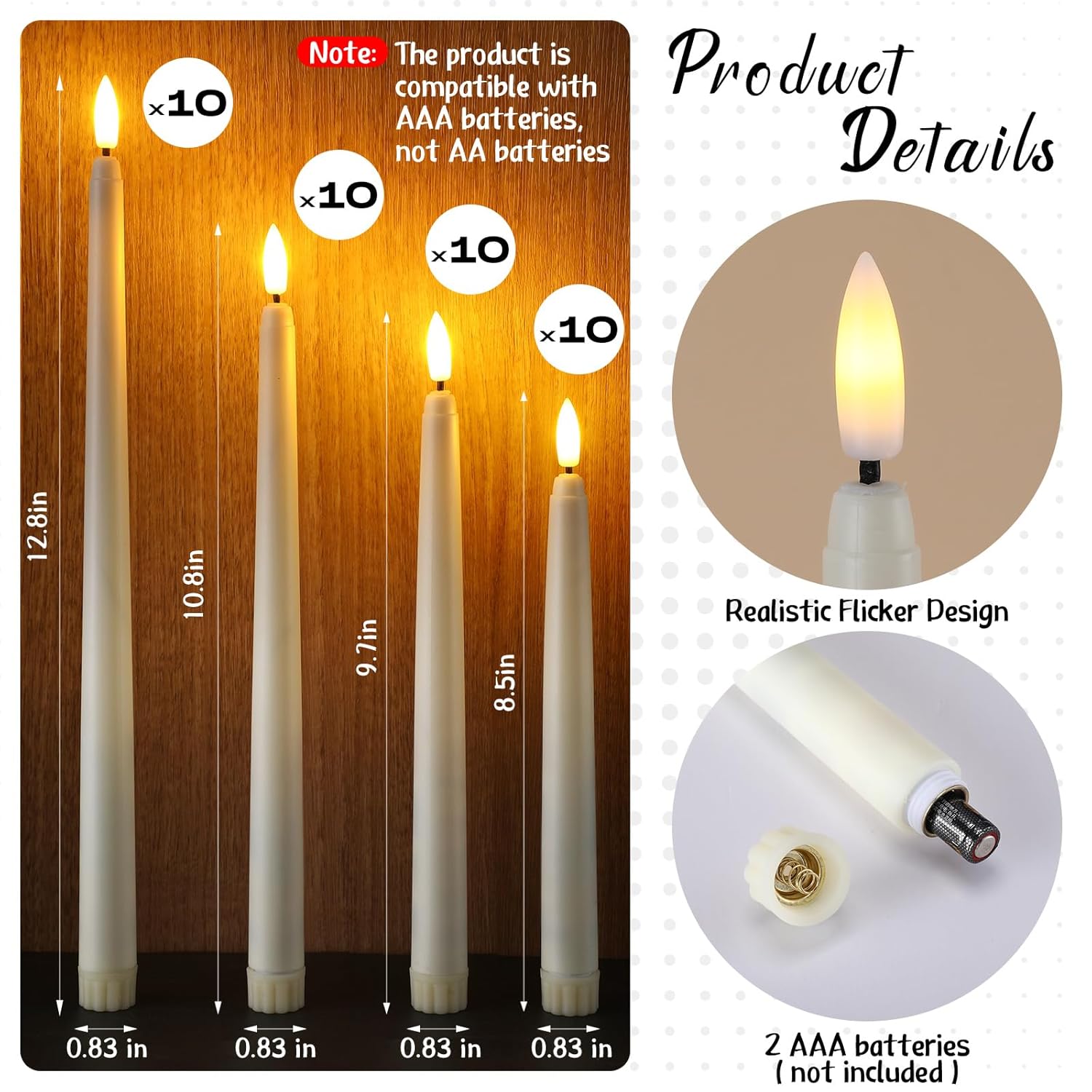 40 Pcs Flameless Taper Candles Led Flickering Taper Bulk Battery Operated Flameless Candle For Halloween Christmas Birthday Wedding Decoration, 8.5/9.7/10.8/12.8 Inch (Ivory)
