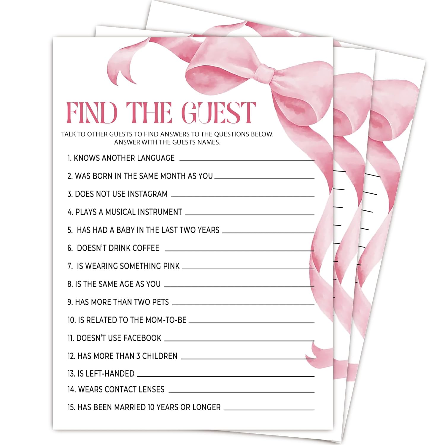 Pink Baby Shower Games For Girl, Find The Guest Game Cards, 25 Gender Neutral Cards, Pink Bow Gender Reveal Party Supply Kit, Baby Shower Decorations(5''X7'')-A04