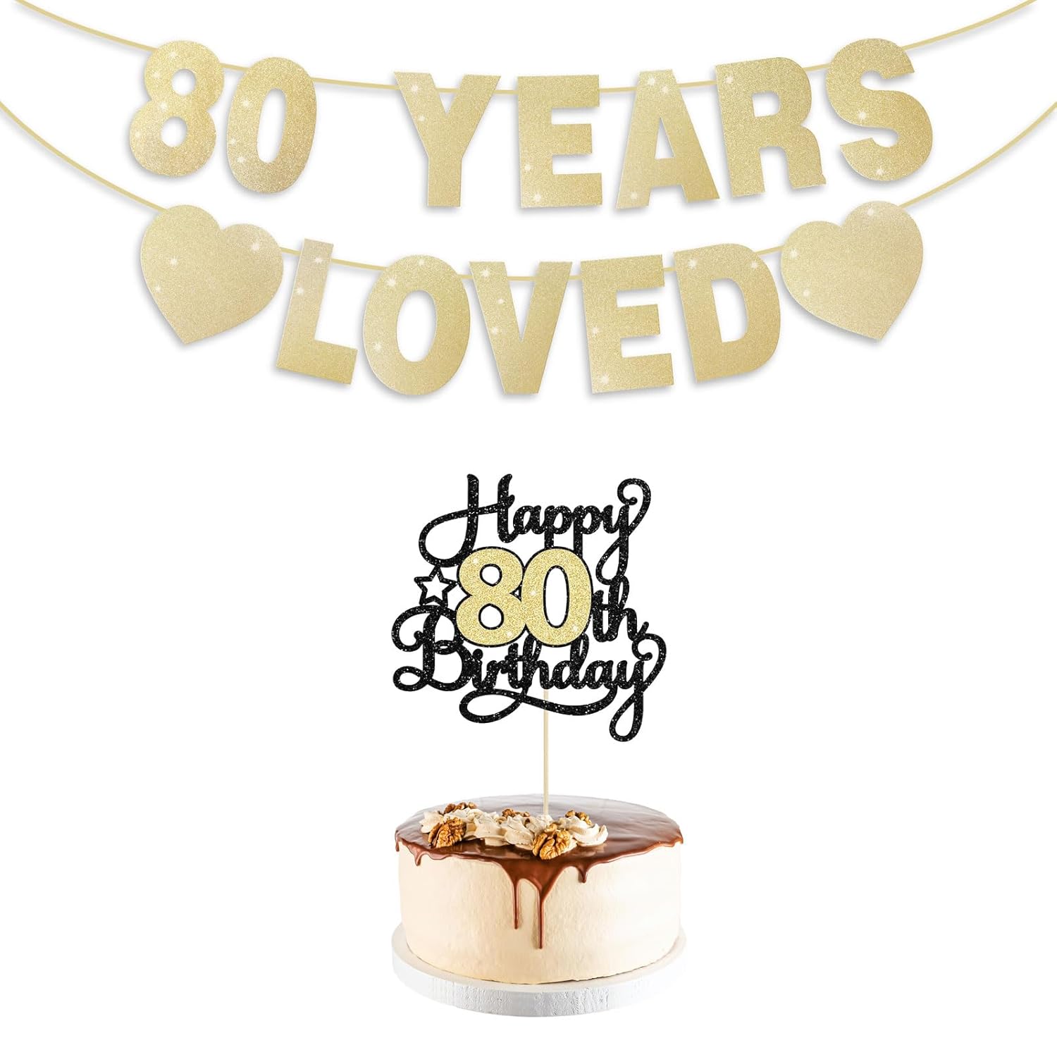 80Th Birthday Decorations For Men Women, Gold Glitter 80Th Birthday Banner With Cake Topper 80 Years Loved Banner 80 B-Day Party Decorations