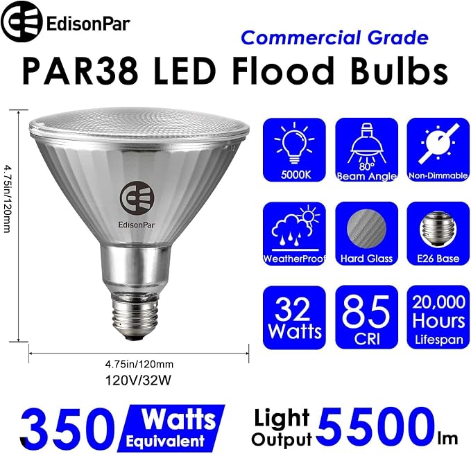 PAR38 LED Flood Light Bulbs 4 Pack 5500LM 350W Equivalent Waterproof 5000K Daylight