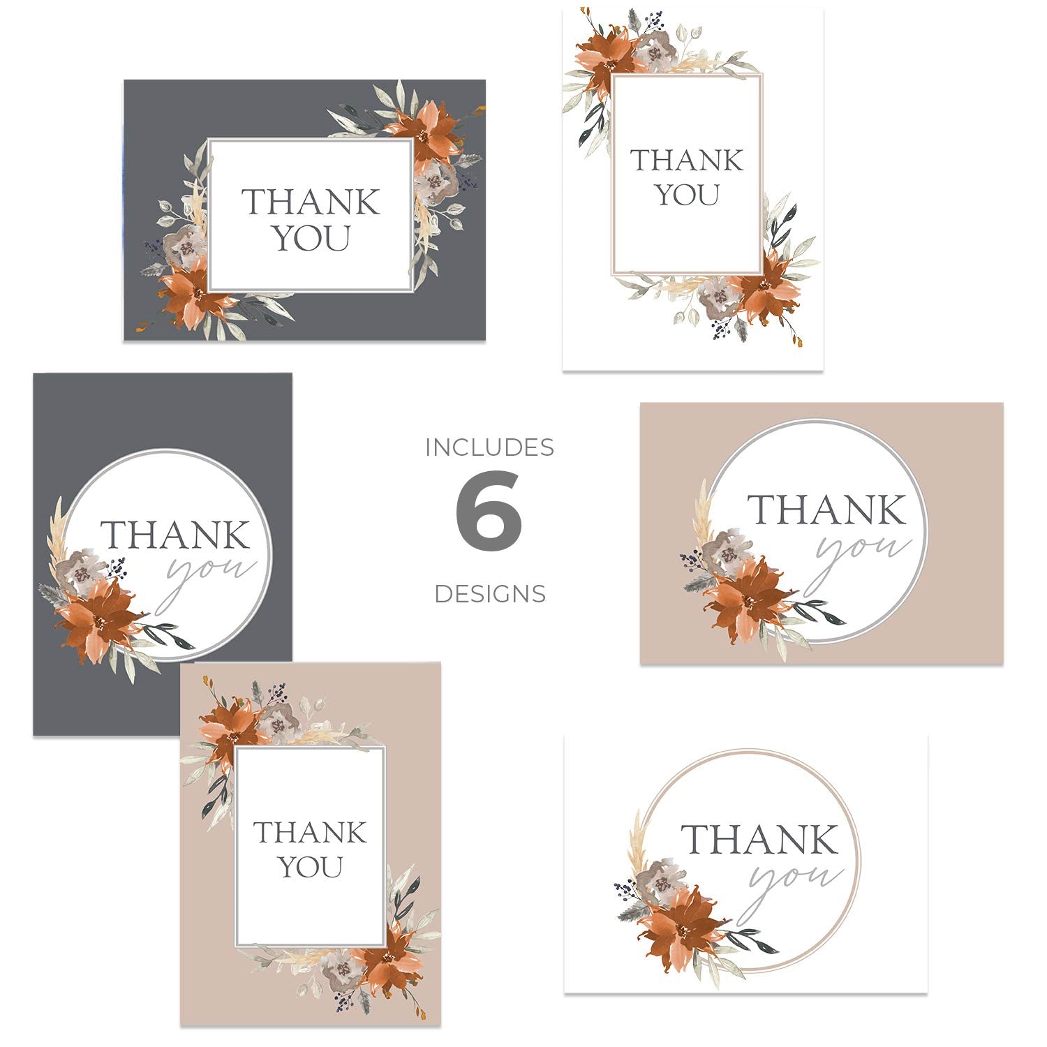 Indie Autumn Floral Thank You Cards / 24 Gratitude Cards With White Envelopes / 6 Boho Feather And Leave Appreciation Designs / 3 1/2" X 4 7/8" Orange Grey Bridal Shower Thanks Note Cards